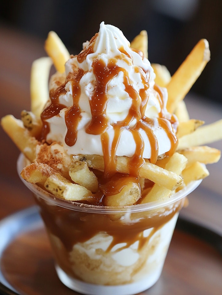 French Fries Sundae with Whipped Cream and Caramel Drizzle