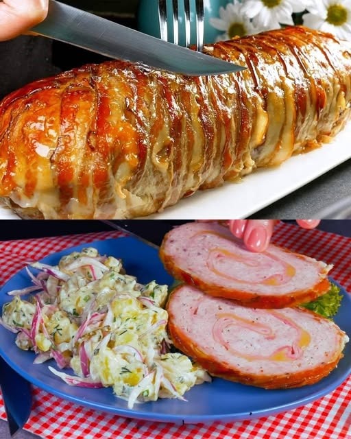 Bacon-Wrapped Cheese and Ham Stuffed Meatloaf with Potato Salad
