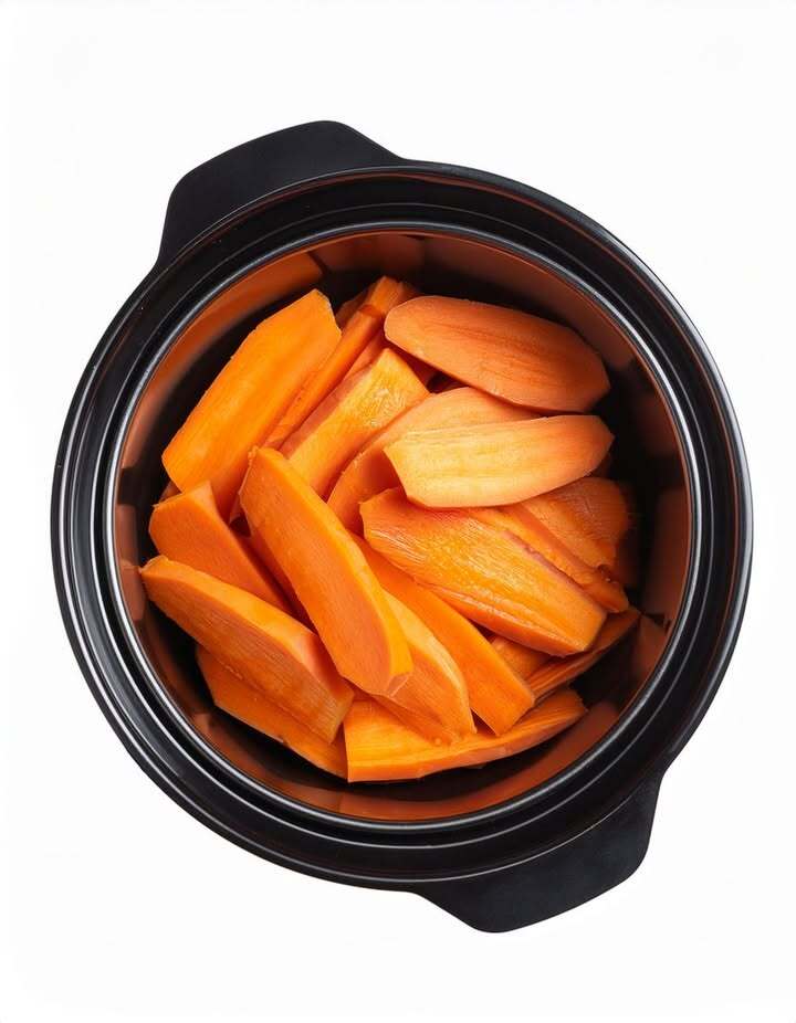 Put raw thinly sliced sweet potatoes in a slow cooker with these 4 ingredients. You’ll never eat them another way.