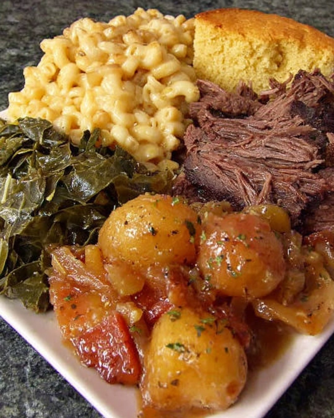 Mac and cheese collard greens sweet potato potatoes and corn bread