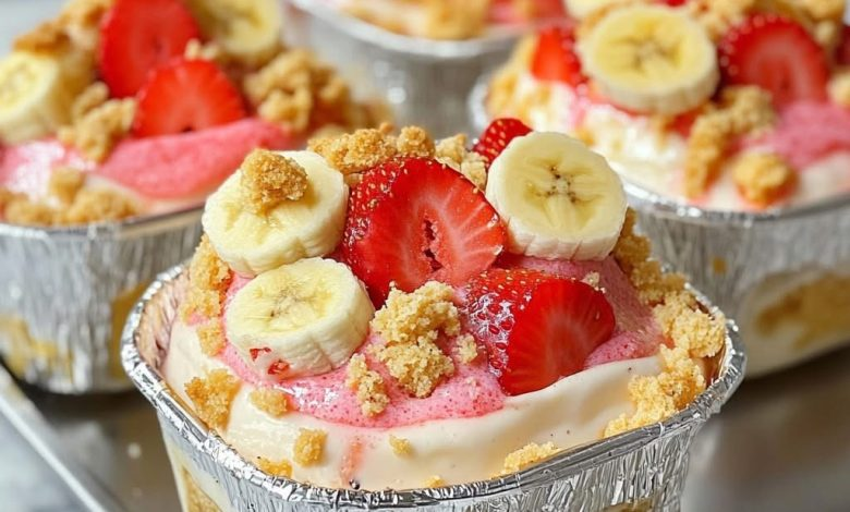 Strawberry Cheesecake Banana Pudding – creamy banana layers with cheesecake flavor and fresh strawberries.