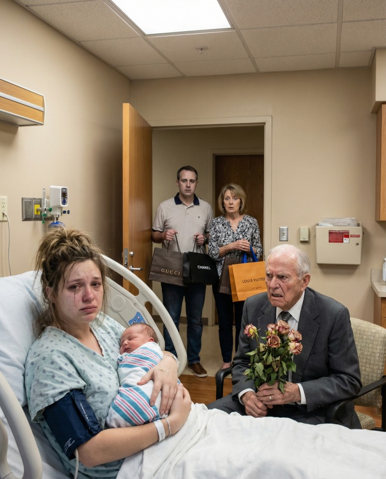 As my grandfather walked in after I gave birth, his first words were, “My dear, wasn’t the 250,000 I sent you every month enough?” My heart stopped. “Grandpa… what money?” I whispered. At that exact moment, my husband and mother-in-law burst in with arms full of luxury bags—and froze. Their faces drained of color. That’s when I realized something was terribly wrong…