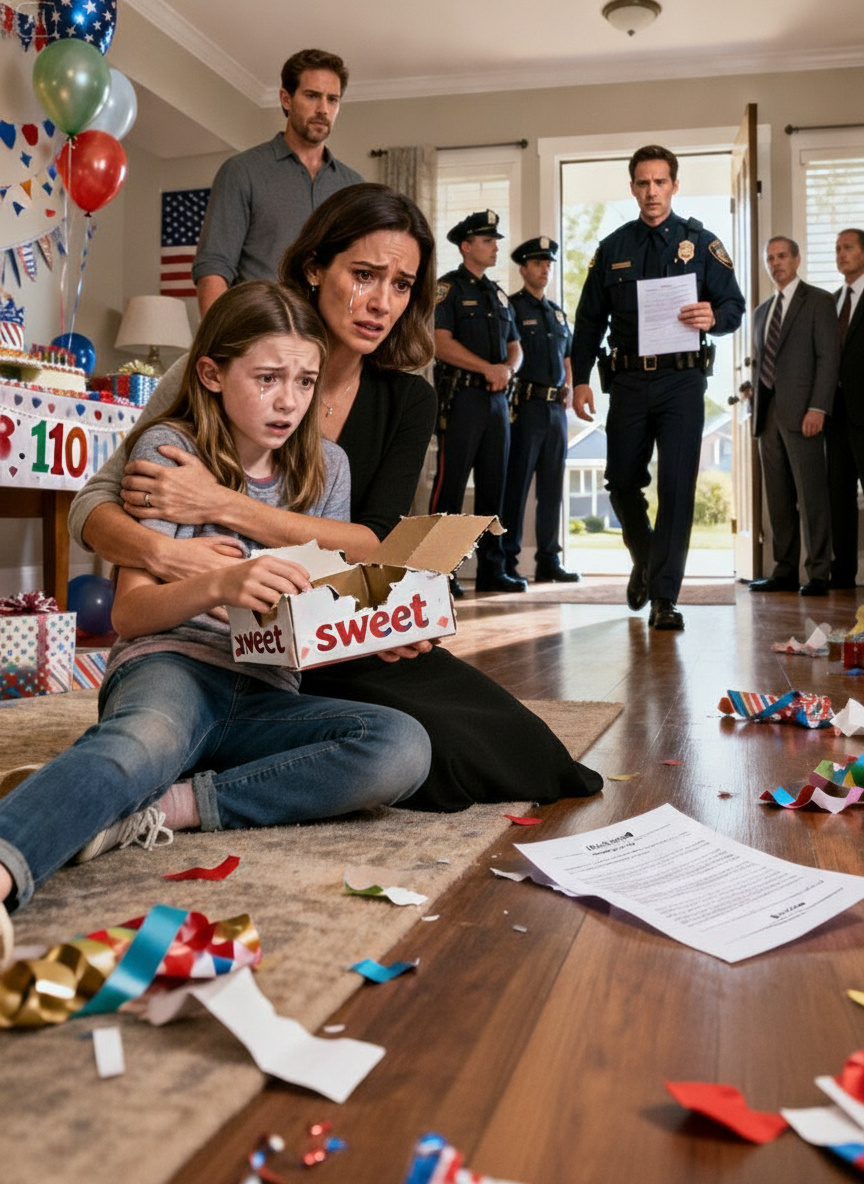 On my daughter’s 11th birthday, she ripped open my mother-in-law’s “thoughtful” present—and collapsed into my arms. My husband rushed her to the hospital, but when he returned four hours later, he didn’t come back alone. Five police officers. Four lawyers. He wouldn’t look at me.  “Don’t panic,” he said, his voice shaking.  Then an officer stepped forward. “Ma’am… we need you to come with us.”  That’s when I saw the paperwork—and understood the truth about the gift. …